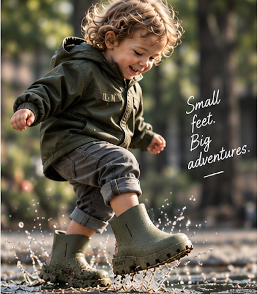 Child jumping in a puddle wearing PUDDS