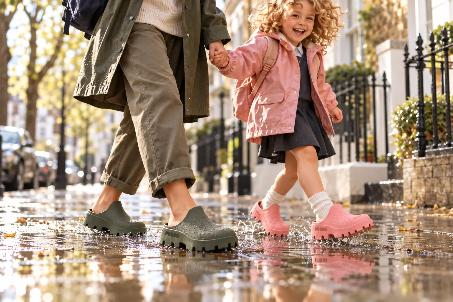 Adult and child wearing the final olive and pink PUDDS shoes beside the water