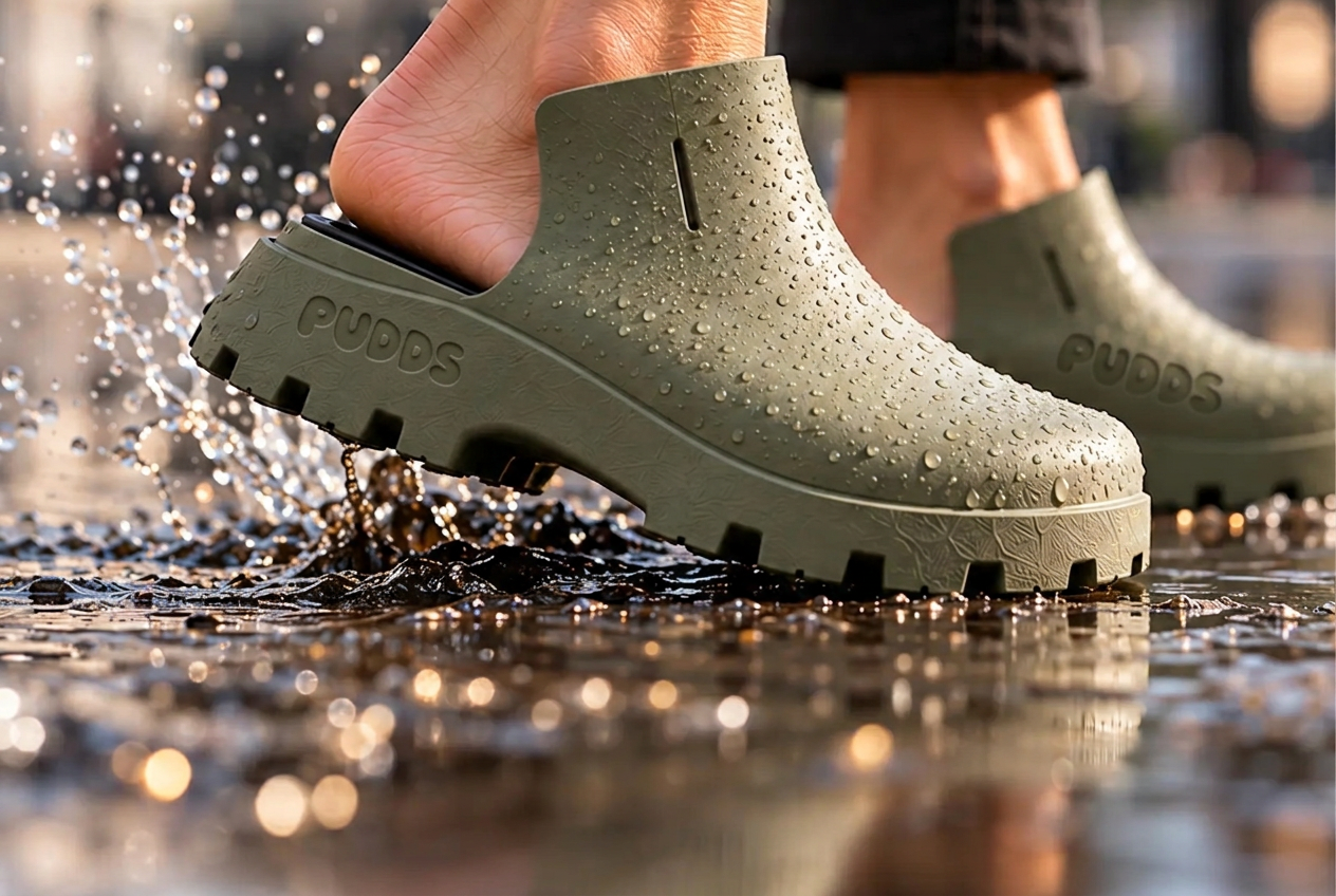 Olive PUDDS stepping through a puddle on a wet street